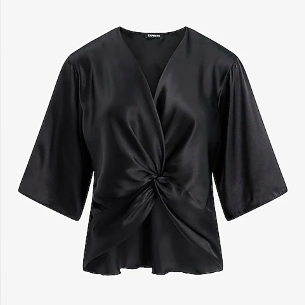 Satin V-Neck Elbow Sleeve Twist Front Top XS